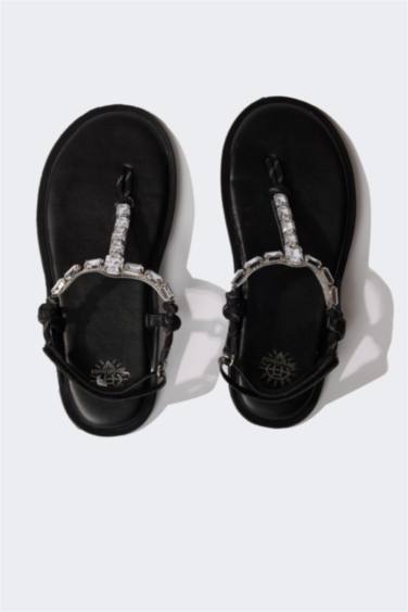 DCEY x DeFacto Kadın Taşlı Düz Taban Suni Deri İp Sandalet - Görsel 8