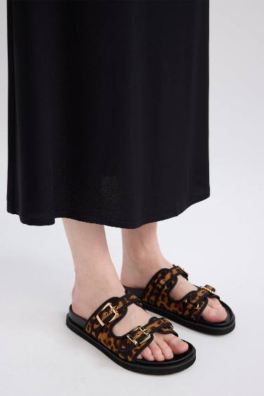 Woman Leopard Patterned Double Band Flat Sole Slippers