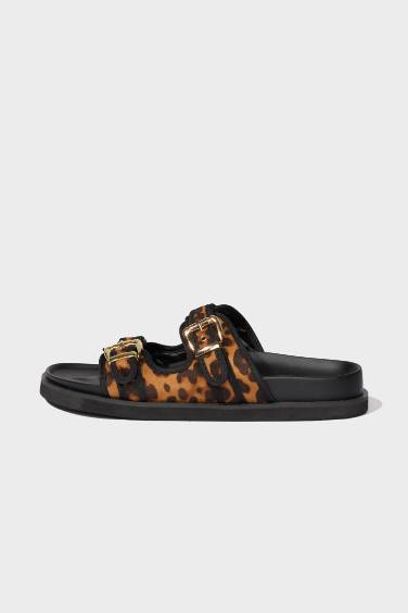 Woman Leopard Patterned Double Band Flat Sole Slippers
