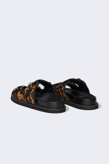 Woman Leopard Patterned Double Band Flat Sole Slippers