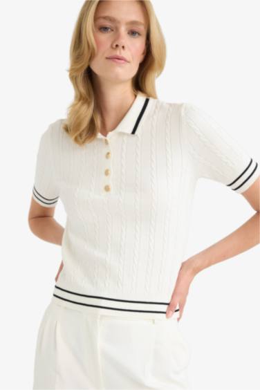 Regular Fit Polo Neck Short Sleeve Knit Pullover