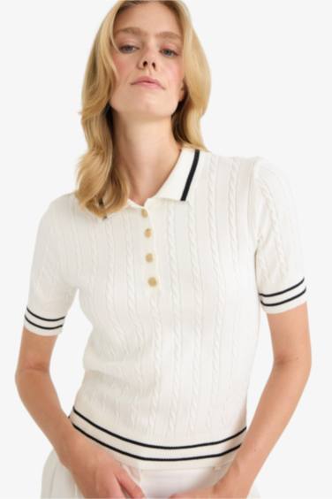 Regular Fit Polo Neck Short Sleeve Knit Pullover