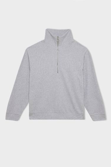 Kadın Gri Regular Fit Yarım Fermuarlı Dik Yaka Basic Düz Sweatshirt