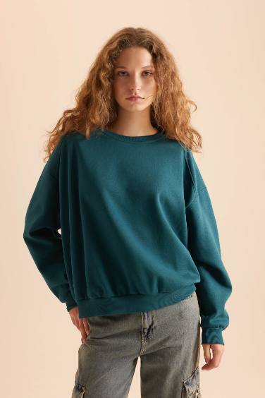 Coool Oversize Geniş Kalıp Bisiklet Yaka Basic Düz Kalın Sweatshirt