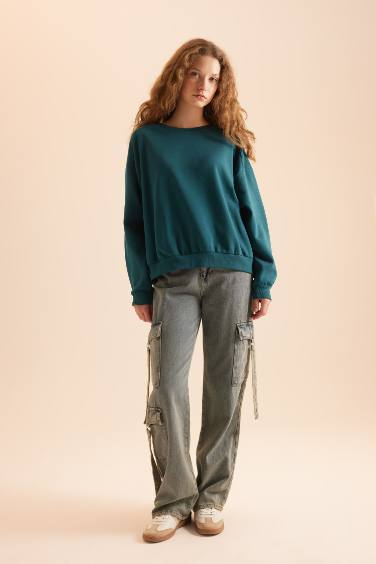 Coool Oversize Geniş Kalıp Bisiklet Yaka Basic Düz Kalın Sweatshirt