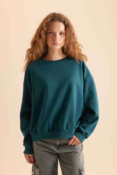 Coool Oversize Geniş Kalıp Bisiklet Yaka Basic Düz Kalın Sweatshirt