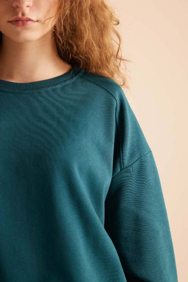 Coool Oversize Geniş Kalıp Bisiklet Yaka Basic Düz Kalın Sweatshirt