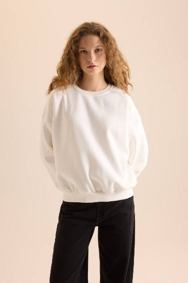 Coool Oversize Geniş Kalıp Bisiklet Yaka Basic Düz Kalın Sweatshirt