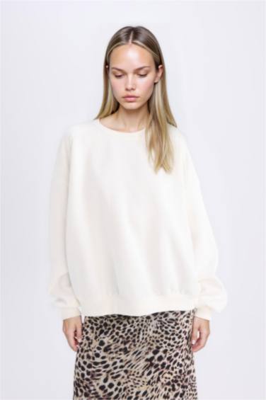 Oversize Geniş Kalıp Bisiklet Yaka Basic Düz Kalın Sweatshirt