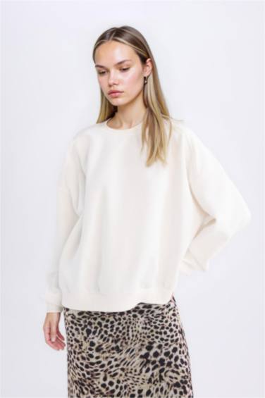 Oversize Geniş Kalıp Bisiklet Yaka Basic Düz Kalın Sweatshirt