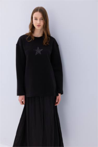 Relax Fit Printed Soft Furry Inside Sweatshirt Tunic