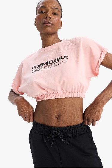 DeFactoFit Slogan Printed Sports Crop T-Shirt