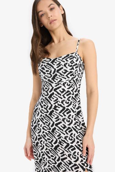 فستان ميدي كت مطبوع قصة مستقيمة بياخة مدورة