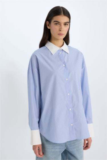 Oversize Geniş Kalıp Çizgili Poplin Uzun Kollu Gömlek