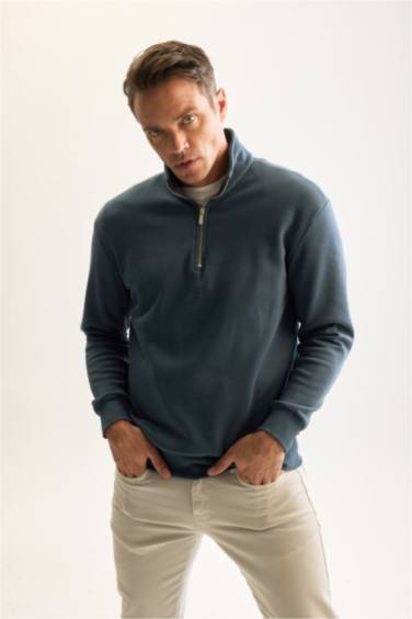 3 İplik Pamuklu Şardonlu İçi Polarlı Comfort Regular Fit Rahat Kalıp Dik Yaka Fermuarlı Kalın Sweatshirt