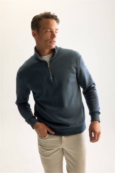 3 İplik Pamuklu Şardonlu İçi Polarlı Comfort Regular Fit Rahat Kalıp Dik Yaka Fermuarlı Kalın Sweatshirt