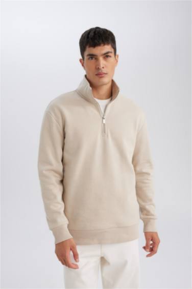 3 İplik Pamuklu Şardonlu İçi Polarlı Comfort Regular Fit Rahat Kalıp Dik Yaka Fermuarlı Kalın Sweatshirt