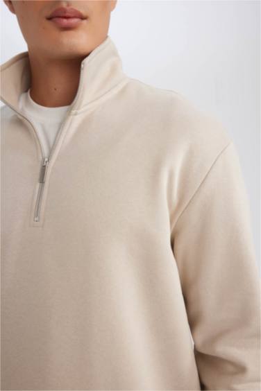 3 İplik Pamuklu Şardonlu İçi Polarlı Comfort Regular Fit Rahat Kalıp Dik Yaka Fermuarlı Kalın Sweatshirt