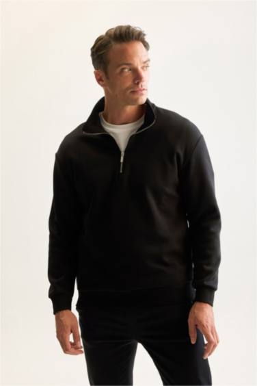 Siyah 3 İplik Pamuklu Şardonlu İçi Polarlı Comfort Regular Fit Rahat Kalıp Dik Yaka Fermuarlı Kalın Sweatshirt