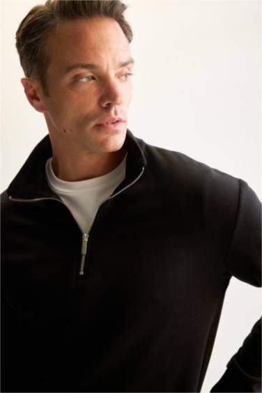 Siyah 3 İplik Pamuklu Şardonlu İçi Polarlı Comfort Regular Fit Rahat Kalıp Dik Yaka Fermuarlı Kalın Sweatshirt