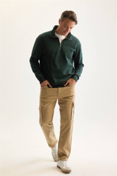 3 İplik Pamuklu Şardonlu İçi Polarlı Comfort Regular Fit Rahat Kalıp Dik Yaka Fermuarlı Kalın Sweatshirt