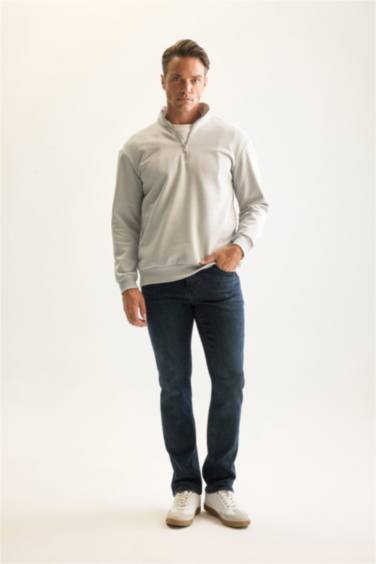 Gri 3 İplik Pamuklu Şardonlu İçi Polarlı Comfort Regular Fit Rahat Kalıp Dik Yaka Fermuarlı Kalın Sweatshirt