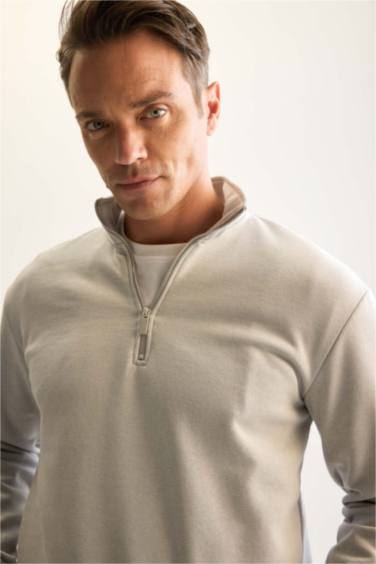 Gri 3 İplik Pamuklu Şardonlu İçi Polarlı Comfort Regular Fit Rahat Kalıp Dik Yaka Fermuarlı Kalın Sweatshirt