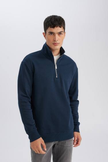 Lacivert 3 İplik Pamuklu Şardonlu İçi Polarlı Comfort Regular Fit Rahat Kalıp Dik Yaka Fermuarlı Kalın Sweatshirt