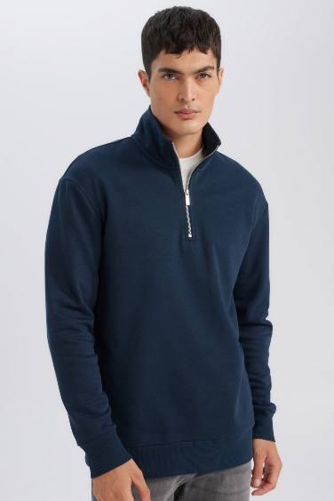 Lacivert 3 İplik Pamuklu Şardonlu İçi Polarlı Comfort Regular Fit Rahat Kalıp Dik Yaka Fermuarlı Kalın Sweatshirt