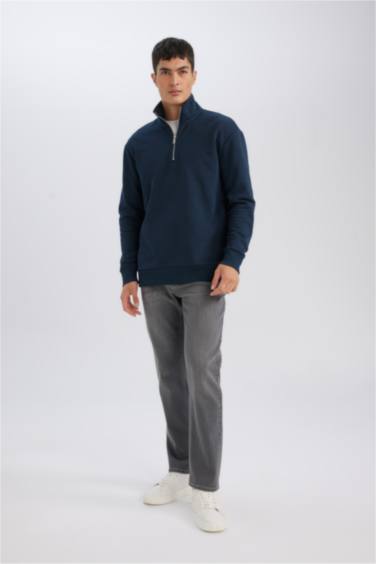 Lacivert 3 İplik Pamuklu Şardonlu İçi Polarlı Comfort Regular Fit Rahat Kalıp Dik Yaka Fermuarlı Kalın Sweatshirt