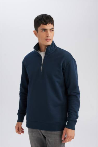 Lacivert 3 İplik Pamuklu Şardonlu İçi Polarlı Comfort Regular Fit Rahat Kalıp Dik Yaka Fermuarlı Kalın Sweatshirt