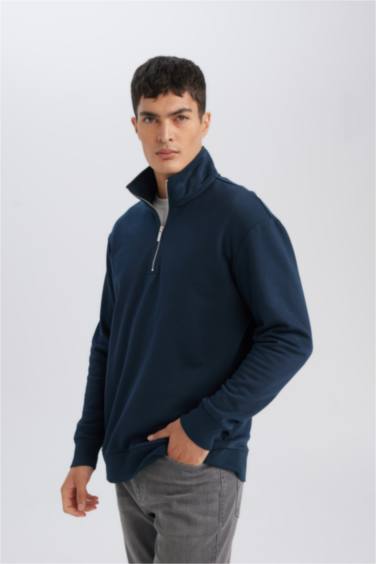 Lacivert 3 İplik Pamuklu Şardonlu İçi Polarlı Comfort Regular Fit Rahat Kalıp Dik Yaka Fermuarlı Kalın Sweatshirt