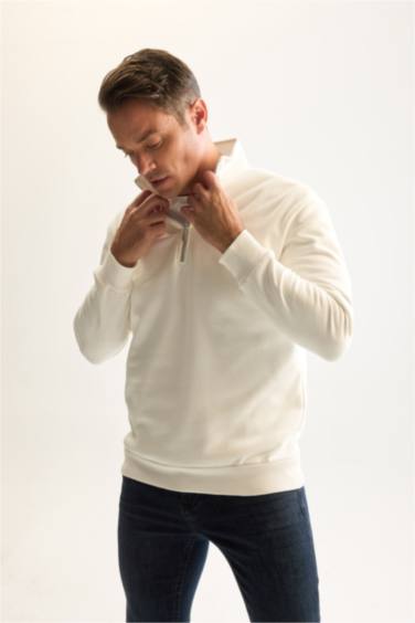 3 İplik Pamuklu Şardonlu İçi Polarlı Comfort Regular Fit Rahat Kalıp Dik Yaka Fermuarlı Kalın Sweatshirt