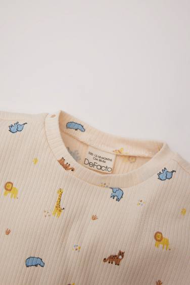 Erkek Bebek Pijama Takımı Safari Baskılı Fitilli Kaşkorse Uzun Kollu Üst Beli Lastikli Uzun Alt