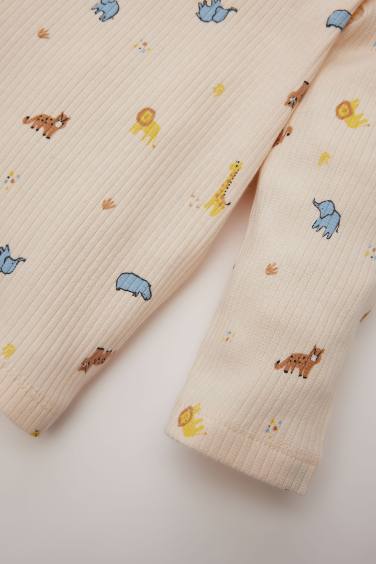 Erkek Bebek Pijama Takımı Safari Baskılı Fitilli Kaşkorse Uzun Kollu Üst Beli Lastikli Uzun Alt