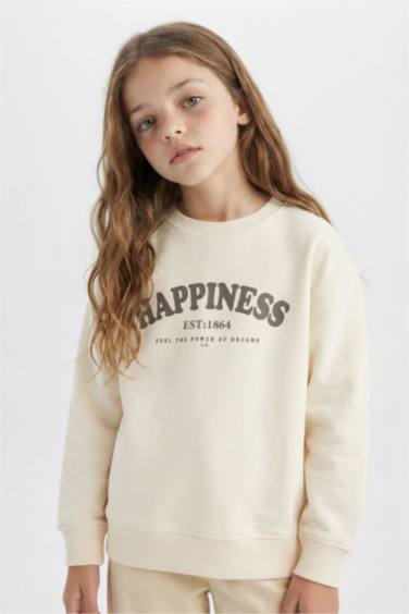 Relax Fit Bisiklet Yaka Baskılı Okul Sweatshirt Kız Çocuk