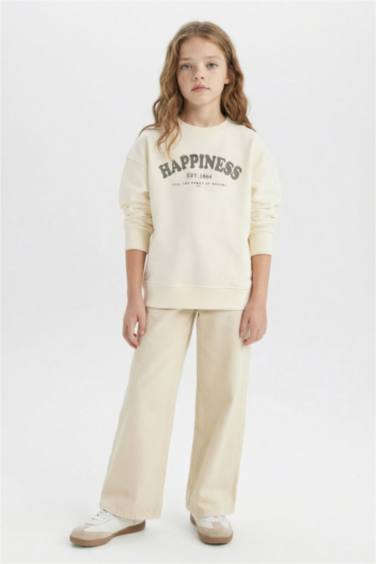 Relax Fit Bisiklet Yaka Baskılı Okul Sweatshirt Kız Çocuk