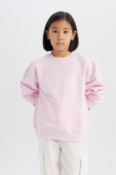 Relax Fit Bisiklet Yaka Baskılı Okul Sweatshirt Kız Çocuk