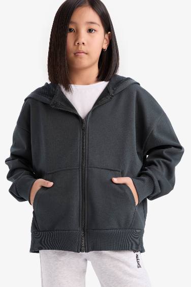 Girl Hooded Basic Pocket Zippered Sweatshirt