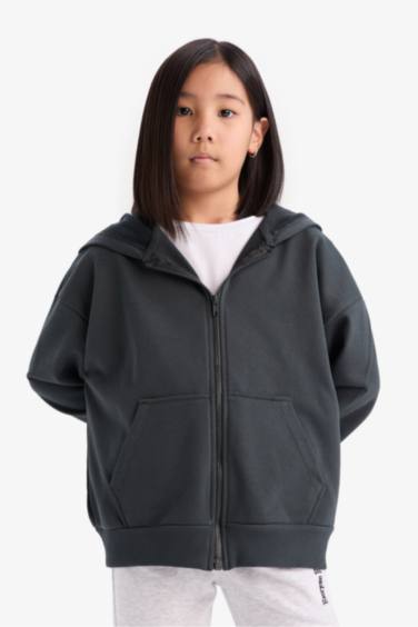 Girl Hooded Basic Pocket Zippered Sweatshirt