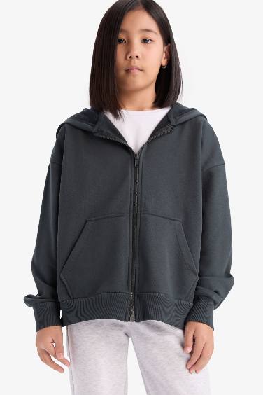 Girl Hooded Basic Pocket Zippered Sweatshirt