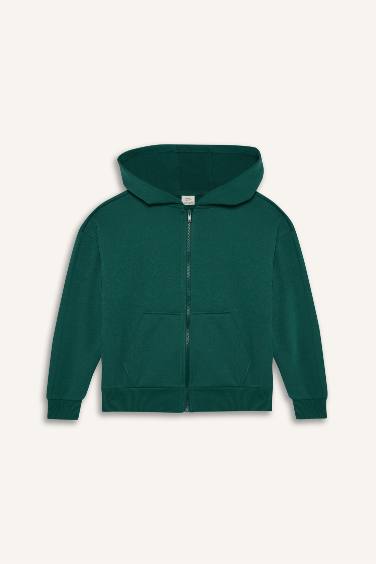 Girl Hooded Basic Pocket Zippered Sweatshirt