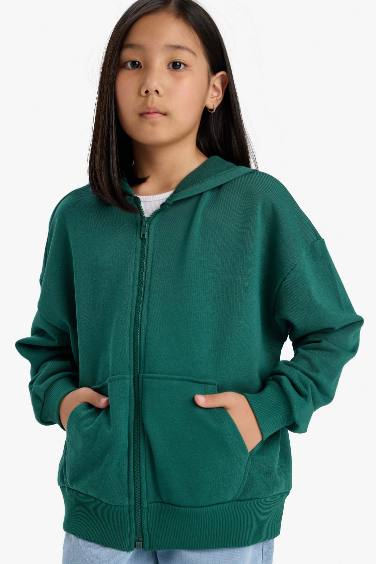 Kız Çocuk Kapüşonlu Basic Düz Cepli Fermuarlı Sweatshirt