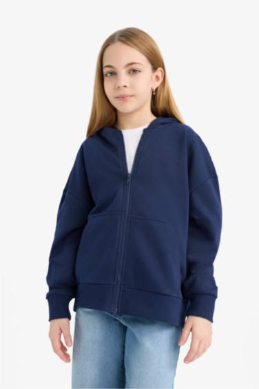 Kapüşonlu Basic Düz Cepli Okul Fermuarlı Sweatshirt Kız Çocuk