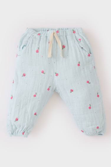 Baby Girl Elastic Waist Floral Muslin Pants