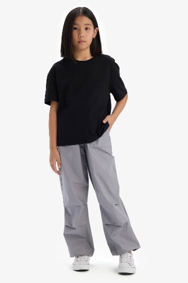 تيشيرت بناتي سادة بيزك نص كم قصة مريحة برقبة مستديرة