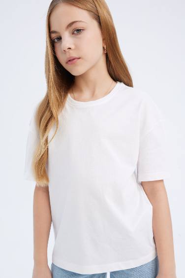 T-shirt basique col rond à manches courtes pour fille