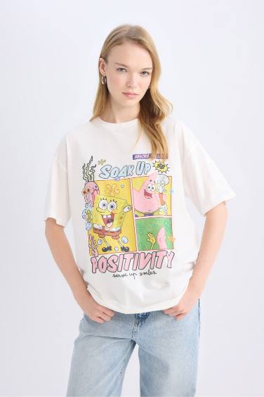 Oversize Fit SpongeBob Licensed Crew Neck Printed Short Sleeve T-Shirt