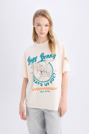 T-shirt oversize imprimé Looney Tunes à col rond et manches courtes