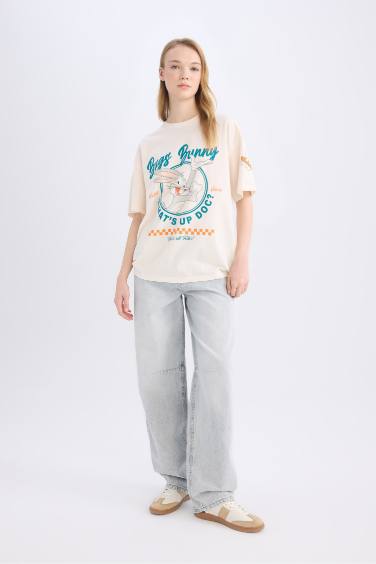 تيشيرت نص كم مطبوع اوفر سايز برقبة مستديرة